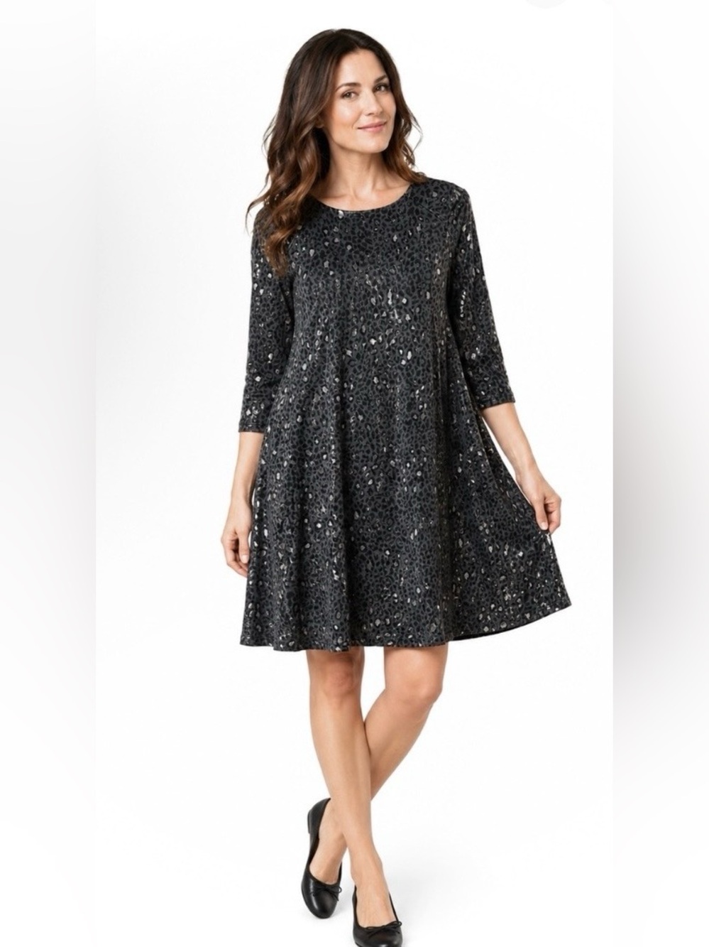 Gray leopard print 3/4 sleeve dress with pockets - Picture 1 of 4